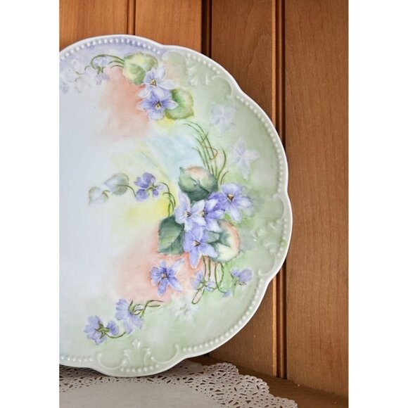 Antique Hand-Painted Porcelain Cake Plate Scalloped Edge Violet Floral Victorian - Picture 5 of 5